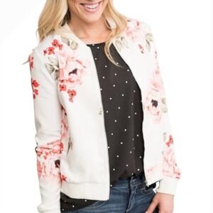 Darling Women's Floral Bomber Jacket White Pink‎ Red XXL